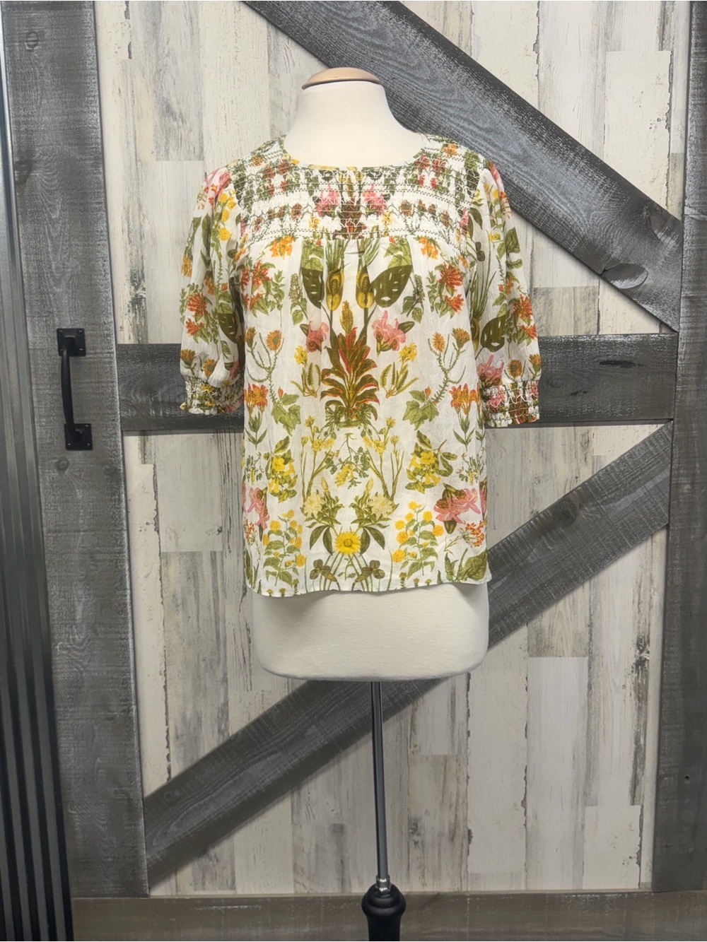 Rose & Olive White Floral Smocked Blouse with Green, Pink & Yellow Print